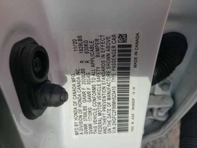 2HGFC2F86MH523410 - 2021 HONDA CIVIC SPOR WHITE photo 10