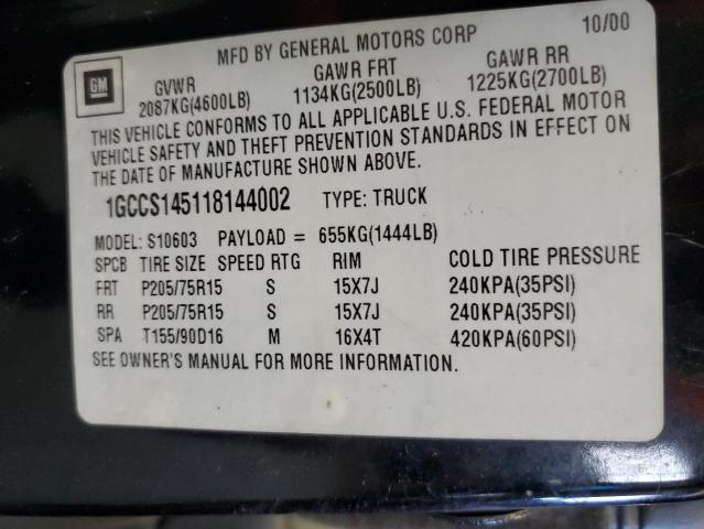 1GCCS145118144002 - 2001 CHEVROLET S TRUCK S1 BLACK photo 10