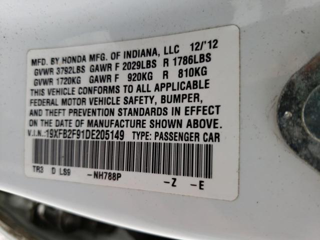 19XFB2F91DE205149 - 2013 HONDA CIVIC EXL Ağ foto 10