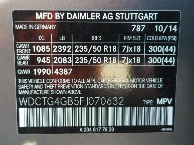 WDCTG4GB5FJ070632 - 2015 MERCEDES-BENZ GLA 250 4M GRAY photo 10