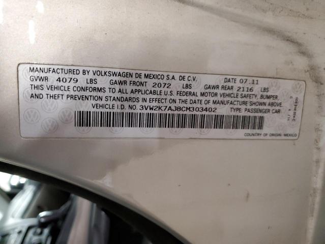 3VW2K7AJ8CM303402 - 2012 VOLKSWAGEN JETTA BASE 银色 照片 10