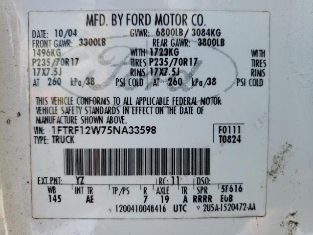 1FTRF12W75NA33598 - 2005 FORD F150 WHITE photo 10