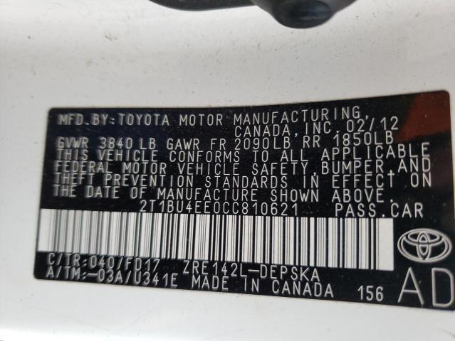 2T1BU4EE0CC810621 - 2012 TOYOTA COROLLA BASE  photo 10