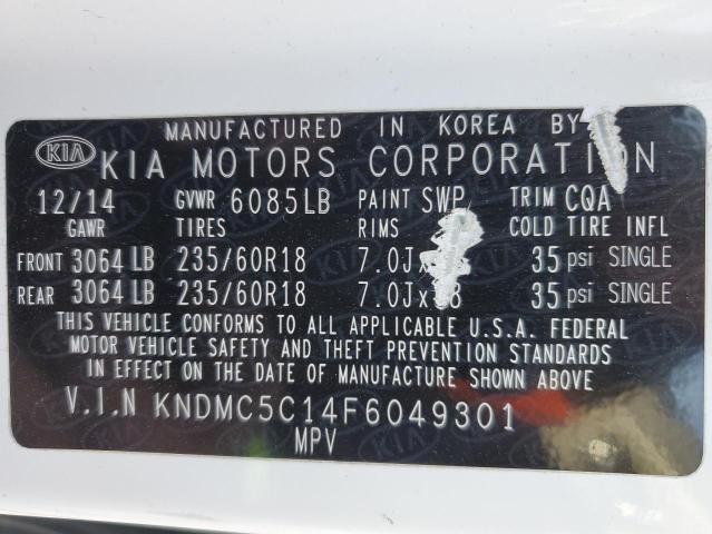 KNDMC5C14F6049301 - 2015 KIA SEDONA WHITE photo 10