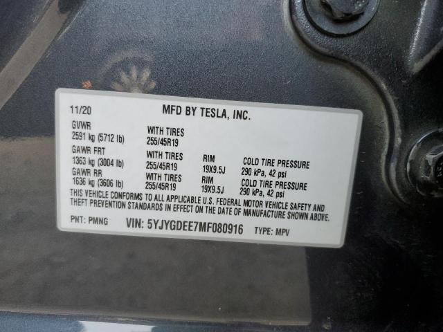 5YJYGDEE7MF080916 - 2021 TESLA MODEL Y رمادي صورة 10