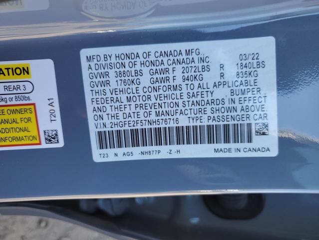 2HGFE2F57NH576716 - 2022 HONDA CIVIC SPOR GRAY photo 10