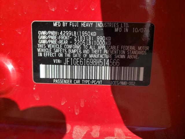 JF1GE61698H514566 - 2008 SUBARU IMPREZA 4W RED photo 10