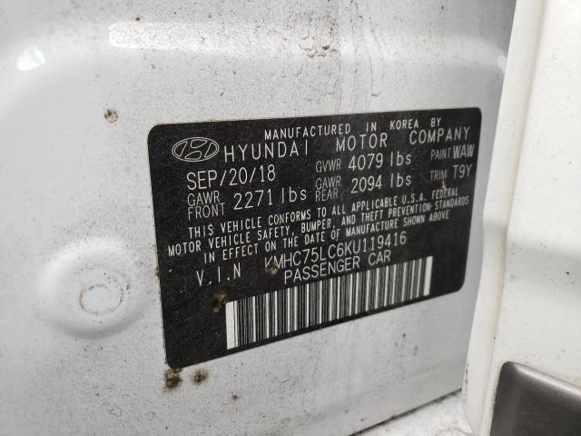 KMHC75LC6KU119416 - 2019 HYUNDAI IONIQ SEL WHITE photo 10