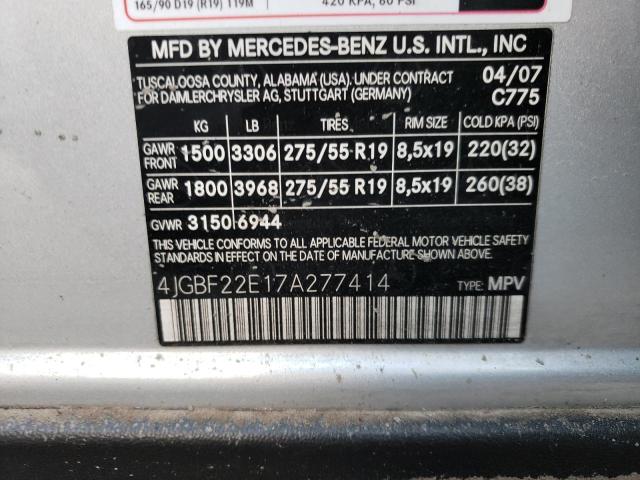 4JGBF22E17A277414 - 2007 MERCEDES-BENZ GL 320 CDI SILVER photo 10