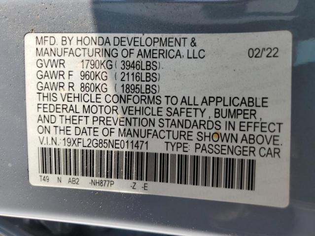 19XFL2G85NE011471 - 2022 HONDA CIVIC SPOR GRAY photo 10