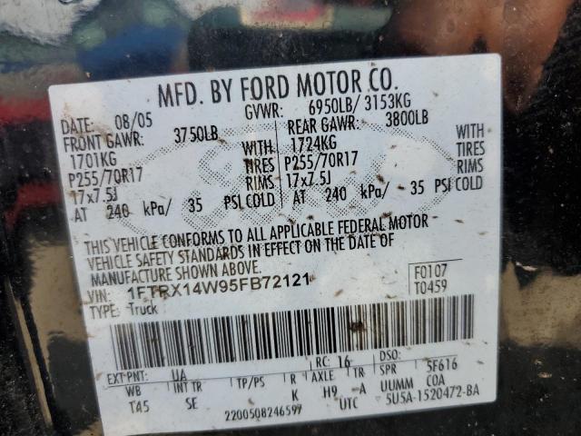 1FTRX14W95FB72121 - 2005 FORD F150 BLACK photo 10