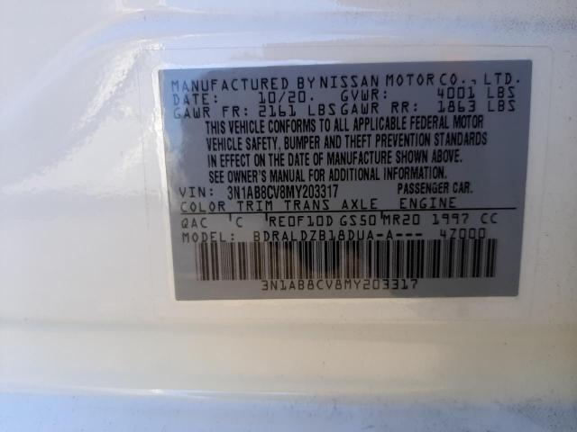 3N1AB8CV8MY203317 - 2021 NISSAN SENTRA SV WHITE photo 10