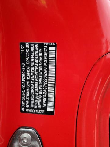 WP0CA2A87NS205269 - 2022 PORSCHE BOXSTER BA RED photo 10