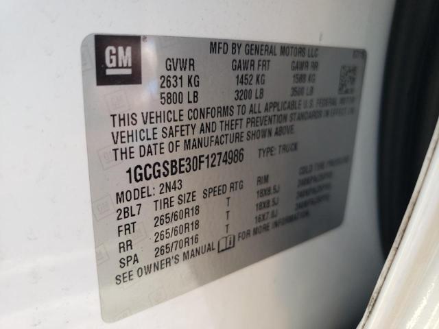 1GCGSBE30F1274986 - 2015 CHEVROLET COLORADO L WHITE photo 10