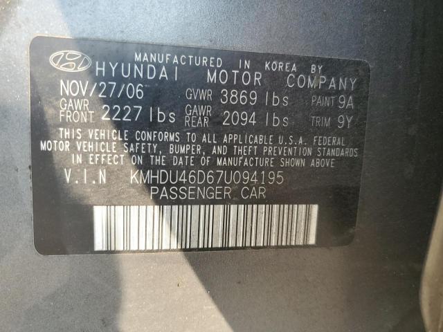 KMHDU46D67U094195 - 2007 HYUNDAI ELANTRA CHARCOAL photo 10