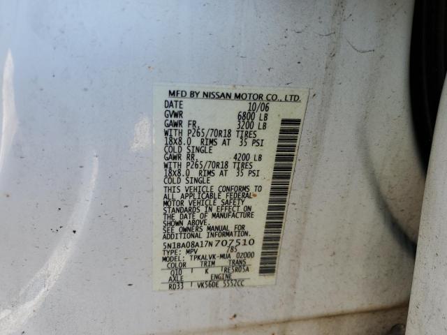 5N1BA08A17N707510 - 2007 NISSAN ARMADA SE WHITE photo 10