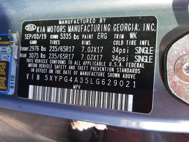 5XYPG4A35LG629021 - 2020 KIA SORENTO L GRAY photo 10