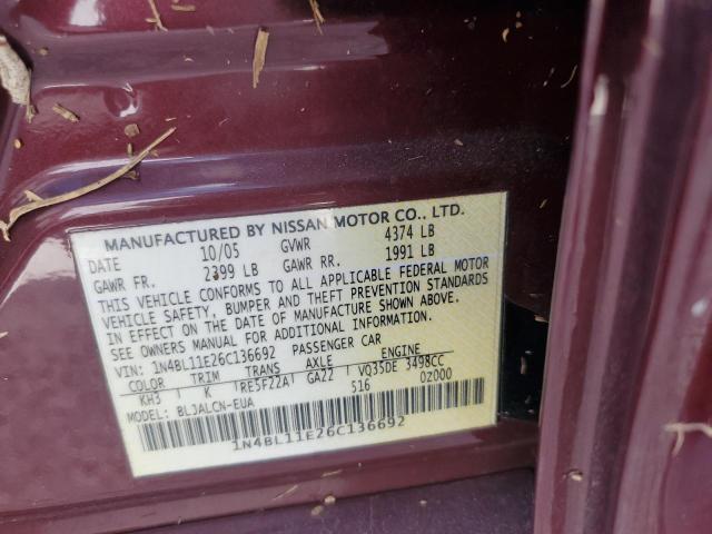 1N4BL11E26C136692 - 2006 NISSAN ALTIMA SE BURGUNDY photo 10