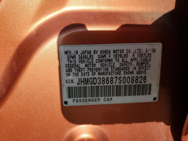 JHMGD38687S008826 - 2007 HONDA FIT S ORANGE photo 10