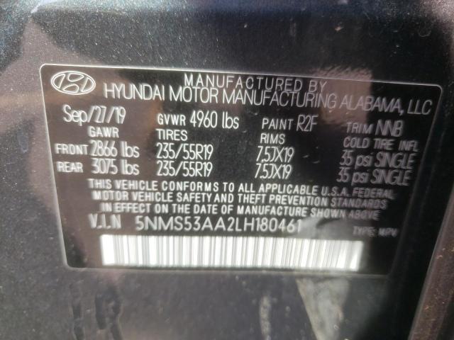 5NMS53AA2LH180461 - 2020 HYUNDAI SANTA FE L GRAY photo 10