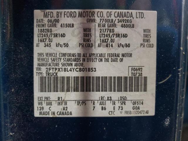 2FTPX18L4YCB01853 - 2000 FORD F150 BLUE photo 10