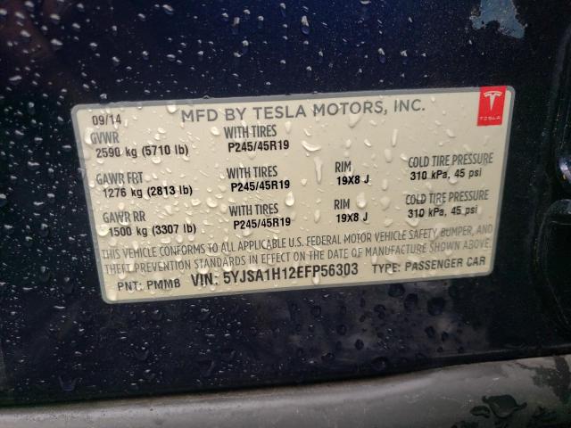 5YJSA1H12EFP56303 - 2014 TESLA MODEL S Mavi foto 10