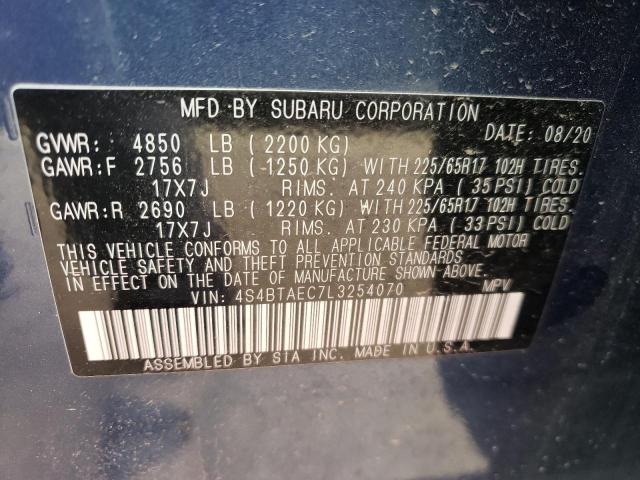 4S4BTAEC7L3254070 - 2020 SUBARU OUTBACK PR BLUE photo 10