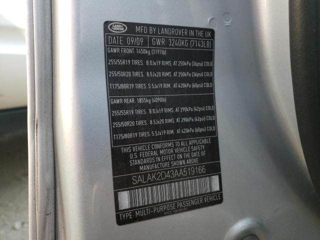 SALAK2D43AA519166 - 2010 LAND ROVER LR4 HSE LU SILVER photo 10