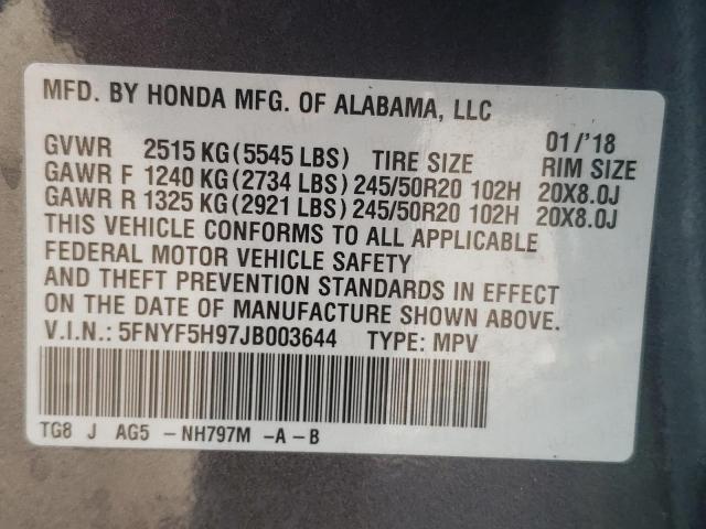 5FNYF5H97JB003644 - 2018 HONDA PILOT TOUR GRAY photo 10