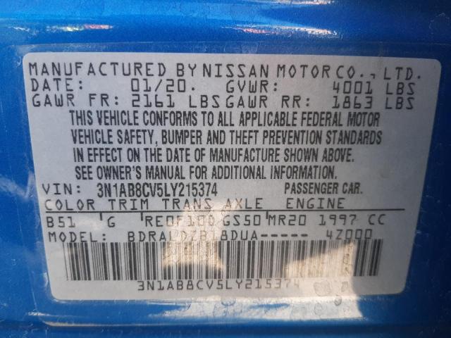 3N1AB8CV5LY215374 - 2020 NISSAN SENTRA SV BLUE photo 10