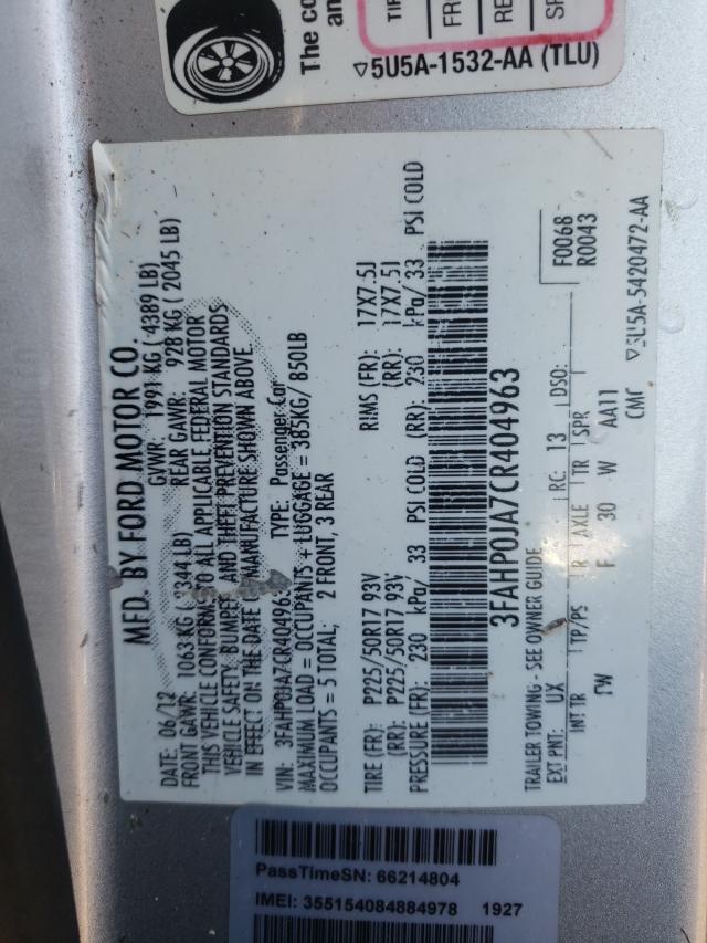 3FAHP0JA7CR404963 - 2012 FORD FUSION SEL SILVER photo 10