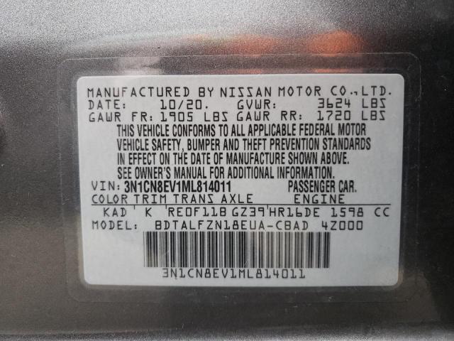 3N1CN8EV1ML814011 - 2021 NISSAN VERSA SV GRAY photo 10