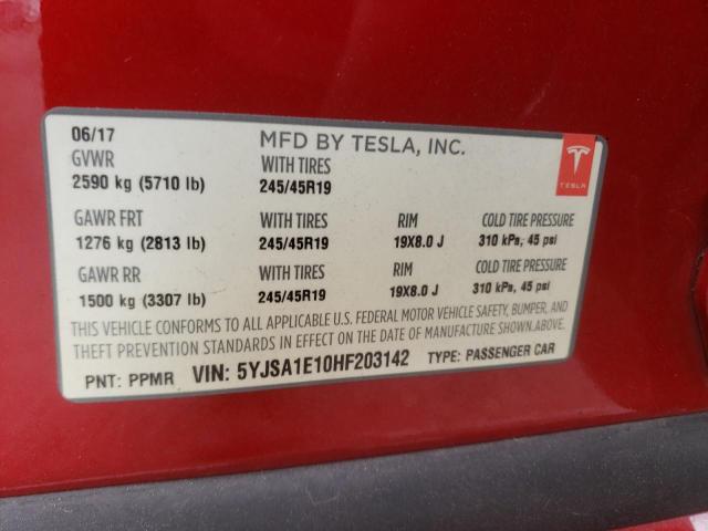 5YJSA1E10HF203142 - 2017 TESLA MODEL S წითელი ფოტო 10