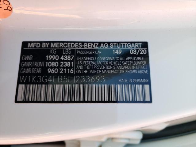 W1K3G4EB5LJ233693 - 2020 MERCEDES-BENZ A 220 WHITE photo 10