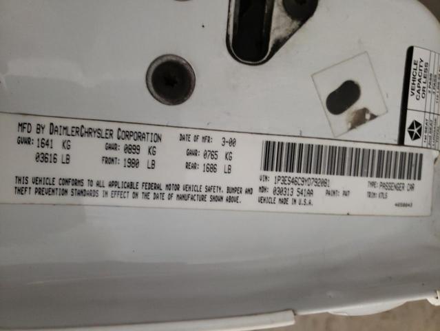 1P3ES46C9YD792081 - 2000 PLYMOUTH NEON BASE 白色 照片 10