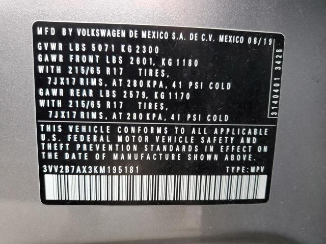 3VV2B7AX3KM195181 - 2019 VOLKSWAGEN TIGUAN SE SILVER photo 10