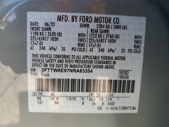 3FTTW8E97NRA83354 - 2022 FORD MAVERICK X GRAY photo 10