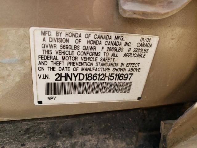 2HNYD18612H511697 - 2002 ACURA MDX TOURIN GOLD photo 10