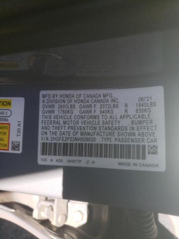 2HGFE2F53NH509630 - 2022 HONDA CIVIC SPOR GRAY photo 10