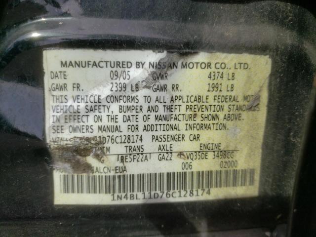 1N4BL11D76C128174 - 2006 NISSAN ALTIMA SE BLACK photo 10