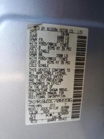 5N1AR18W55C708996 - 2005 NISSAN PATHFINDER SILVER photo 10