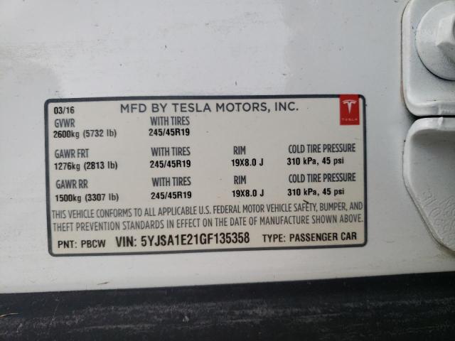 5YJSA1E21GF135358 - 2016 TESLA MODEL S Սպիտակ լուսանկար 10