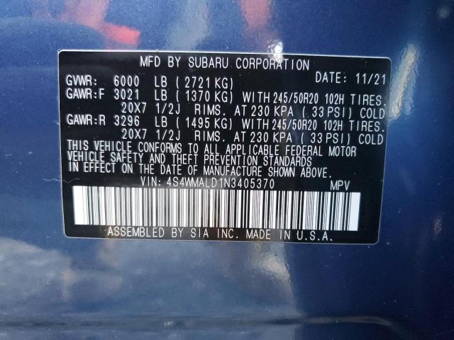 4S4WMALD1N3405370 - 2022 SUBARU ASCENT LIM BLUE photo 10