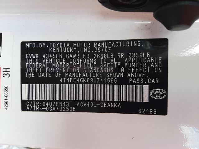 4T1BE46K68U741666 - 2008 TOYOTA CAMRY CE WHITE photo 10