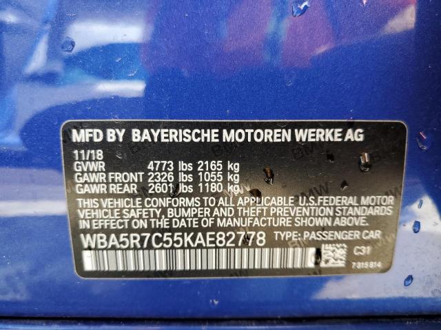 WBA5R7C55KAE82778 - 2019 BMW 330XI BLUE photo 10