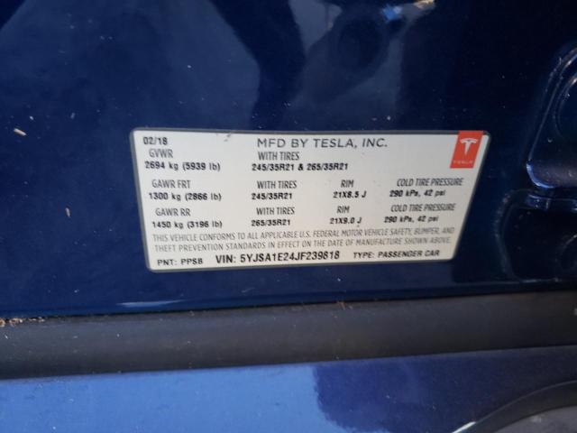 5YJSA1E24JF239818 - 2018 TESLA MODEL S Mavi foto 10