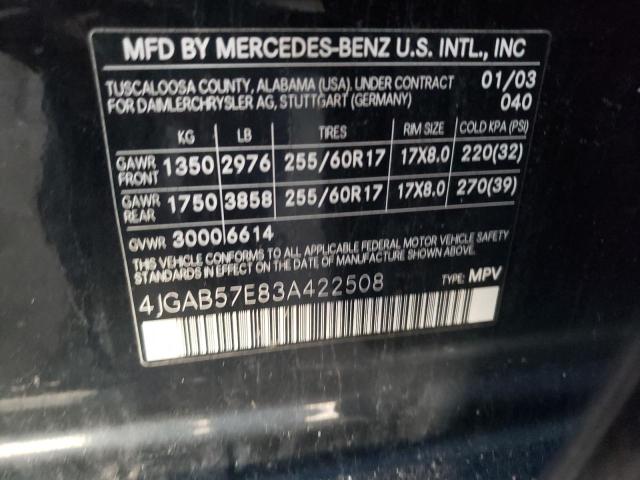 4JGAB57E83A422508 - 2003 MERCEDES-BENZ ML 350 BLACK photo 10