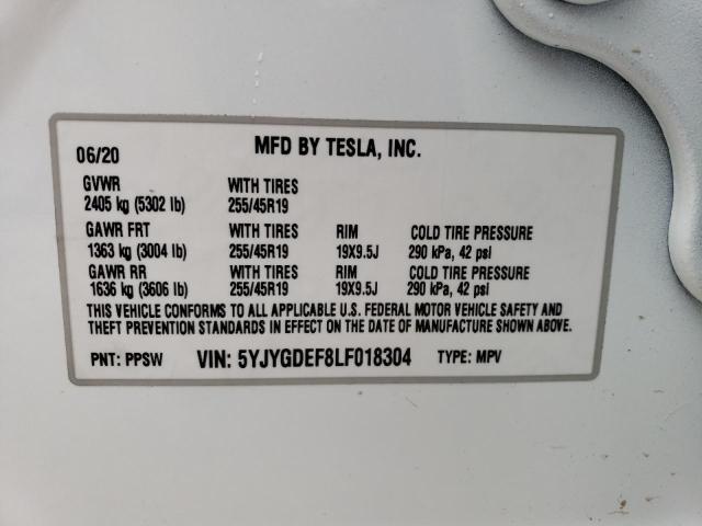 5YJYGDEF8LF018304 - 2020 TESLA MODEL Y أبيض صورة 10