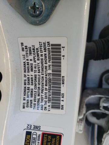 19XFA1F6XAE000170 - 2010 HONDA CIVIC LX-S أبيض صورة 10