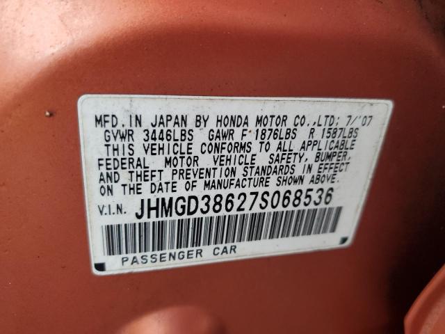 JHMGD38627S068536 - 2007 HONDA FIT S ORANGE photo 10